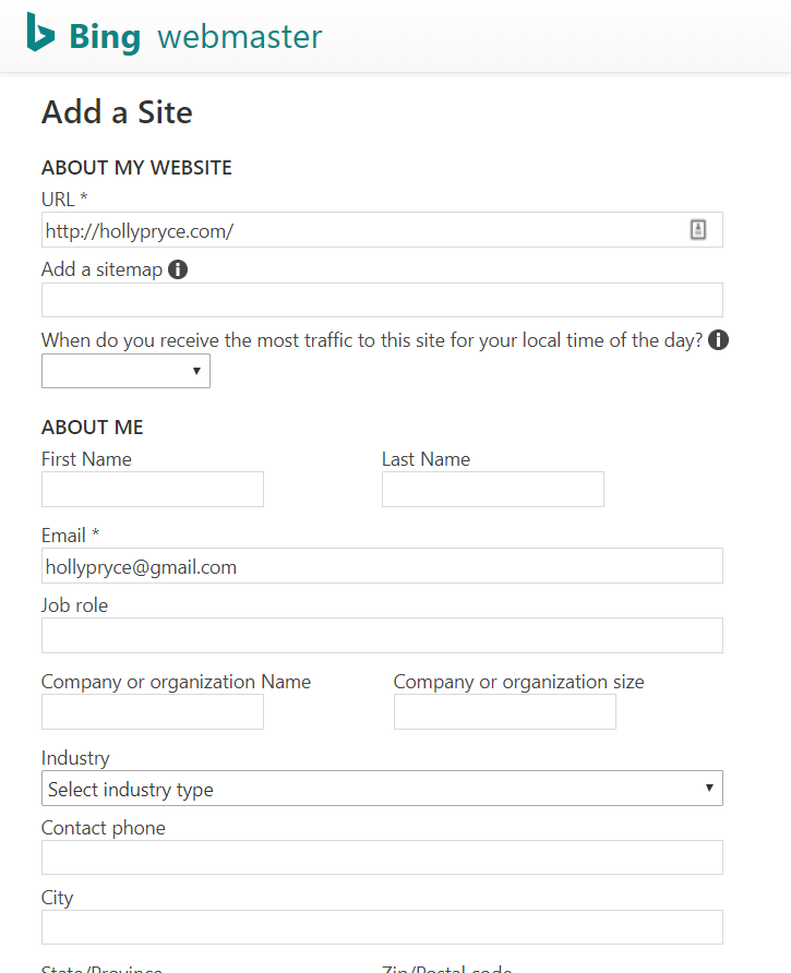 Bing Webmaster Tools add a site | HollyPryce.com