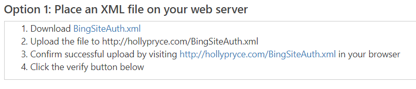 Bing Webmaster Tools verification XML file | HollyPryce.com