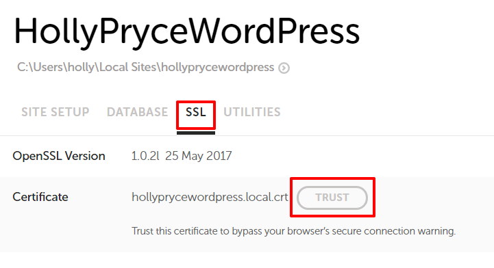 Trust SSL certificate in Local by Flywheel | HollyPryce.com