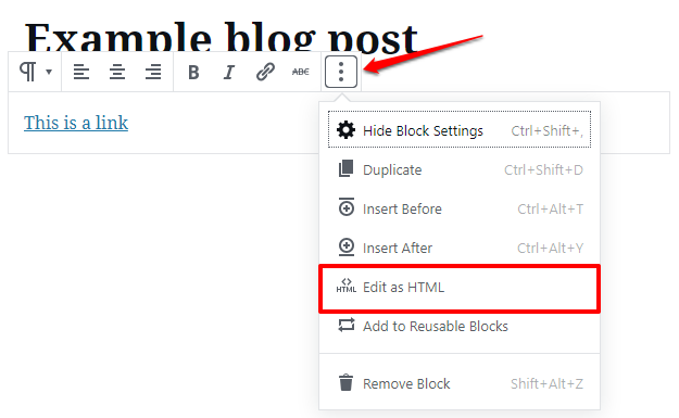 How to edit a block as HTML in the WordPress editor