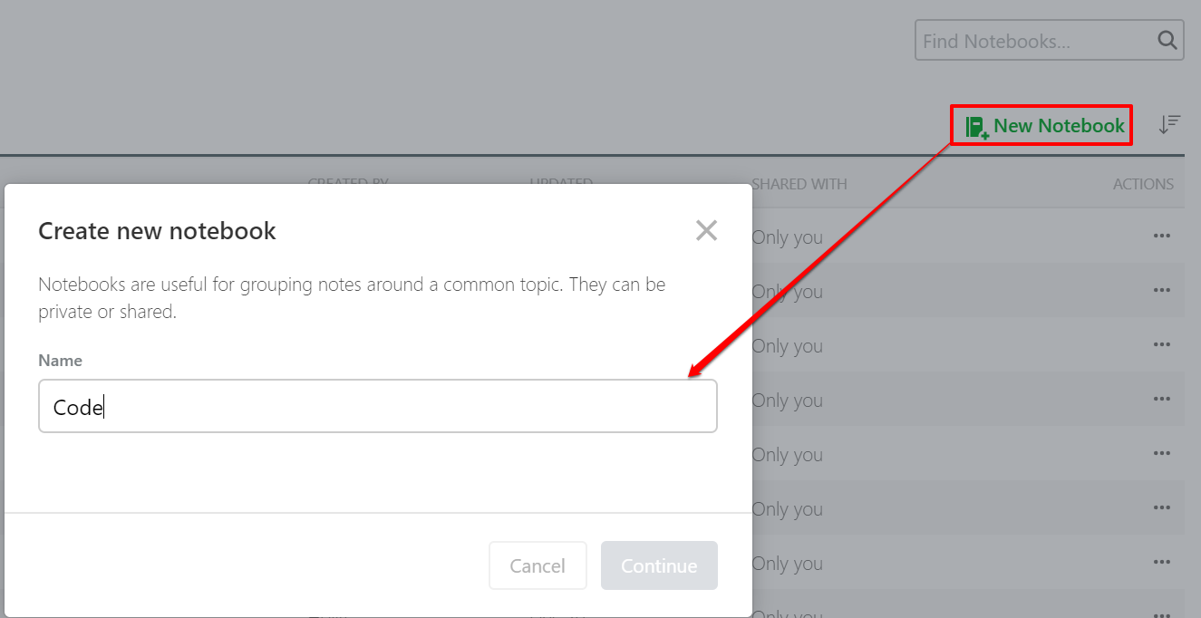 Screenshot showing how to add a new notebook in Evernote