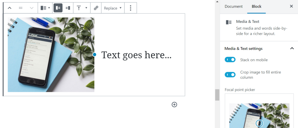 Screenshot demonstrating how to add a Media & Text block in the WordPress editor.
