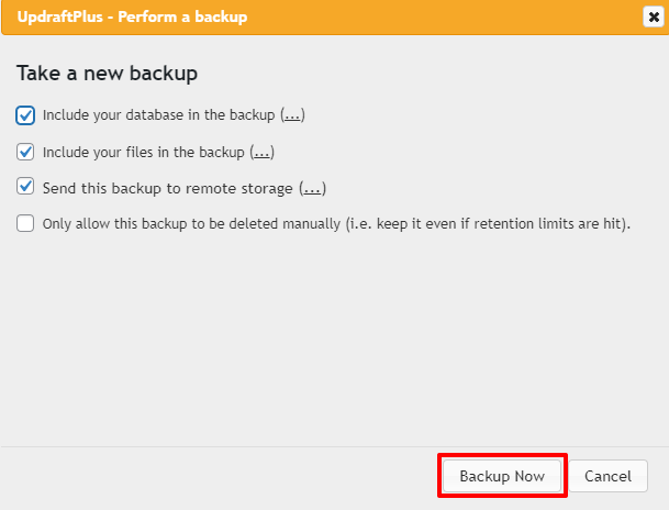 Screenshot showing how to make a backup of a WordPress website using UpdraftPlus.