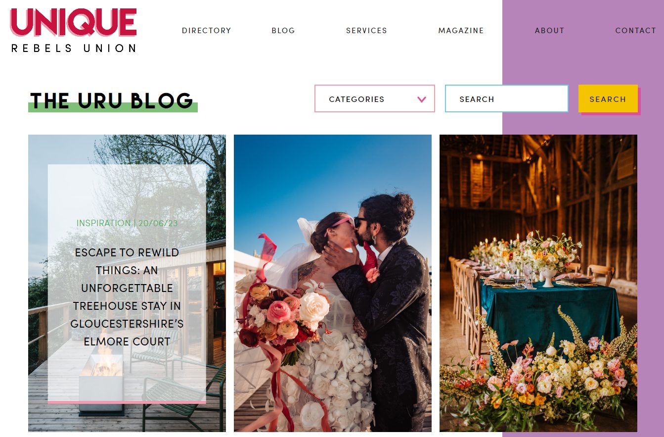 A screenshot of the blog on the Unique Rebels Union website, showcasing blog posts and category filters.