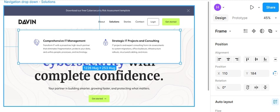 A screenshot from Figma of the design of a dropdown menu on the Davin Tech website.